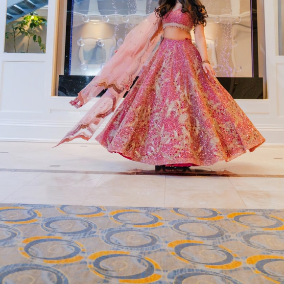 Elegant Pink and Gold Embellished Lehenga - Picture 3 of 6